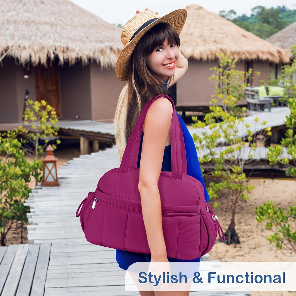Travel Duffel Bag for Women, Puffer Gym Bag Sports Tote with Wet Pocket, Carry On Weekender with Luggage Sleeve (Navy Blue)