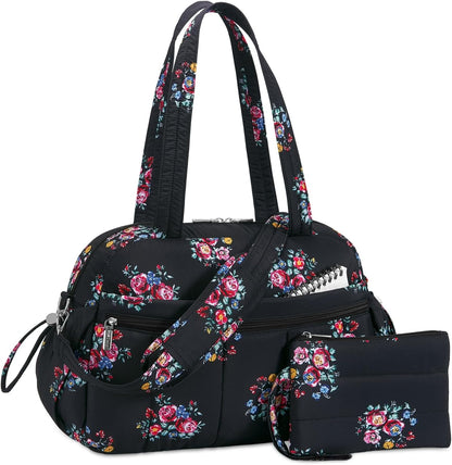 Travel Duffel Bag for Women, Puffer Gym Bag Sports Tote with Wet Pocket, Carry On Weekender with Luggage Sleeve (Navy Blue)