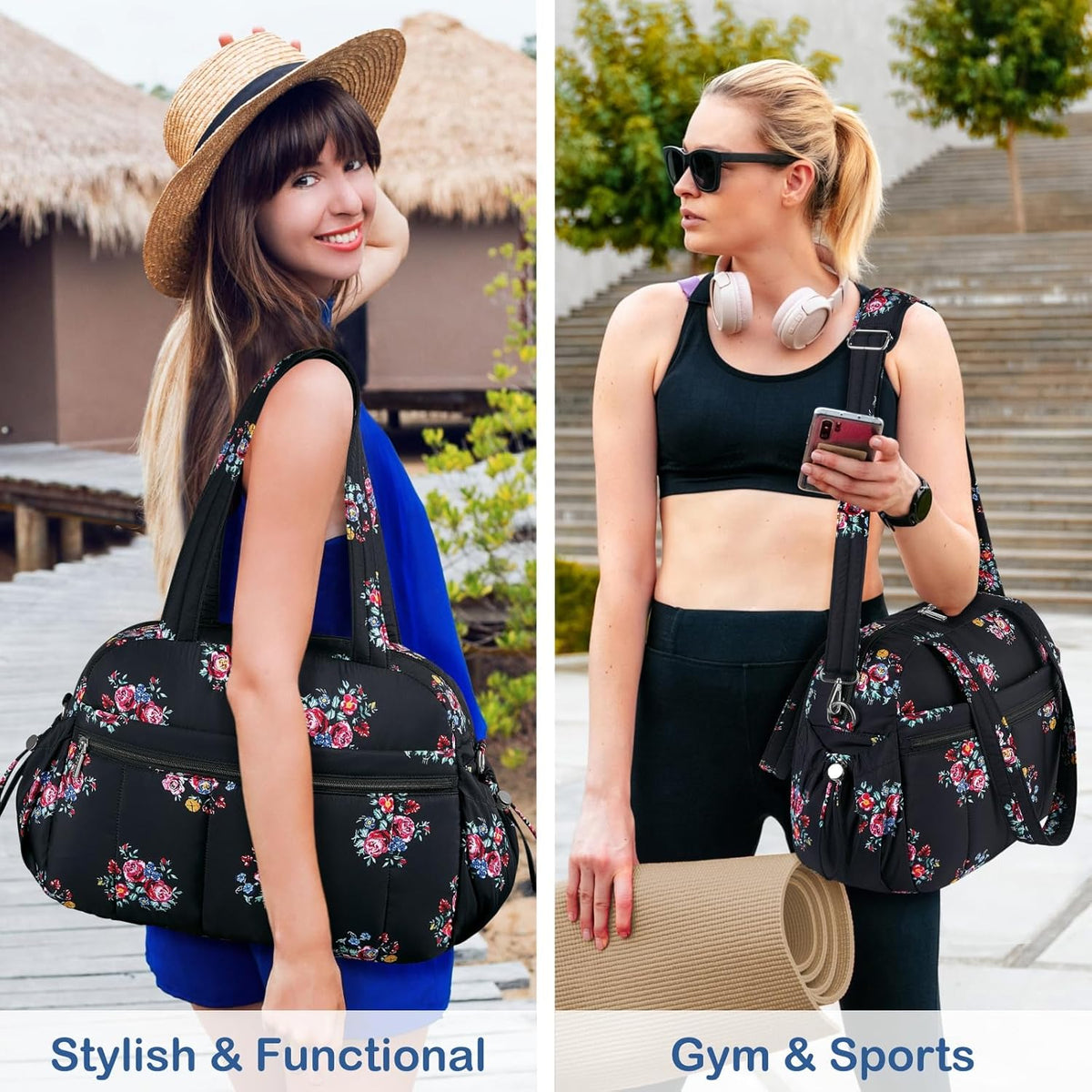 Travel Duffel Bag for Women, Puffer Gym Bag Sports Tote with Wet Pocket, Carry On Weekender with Luggage Sleeve (Navy Blue)