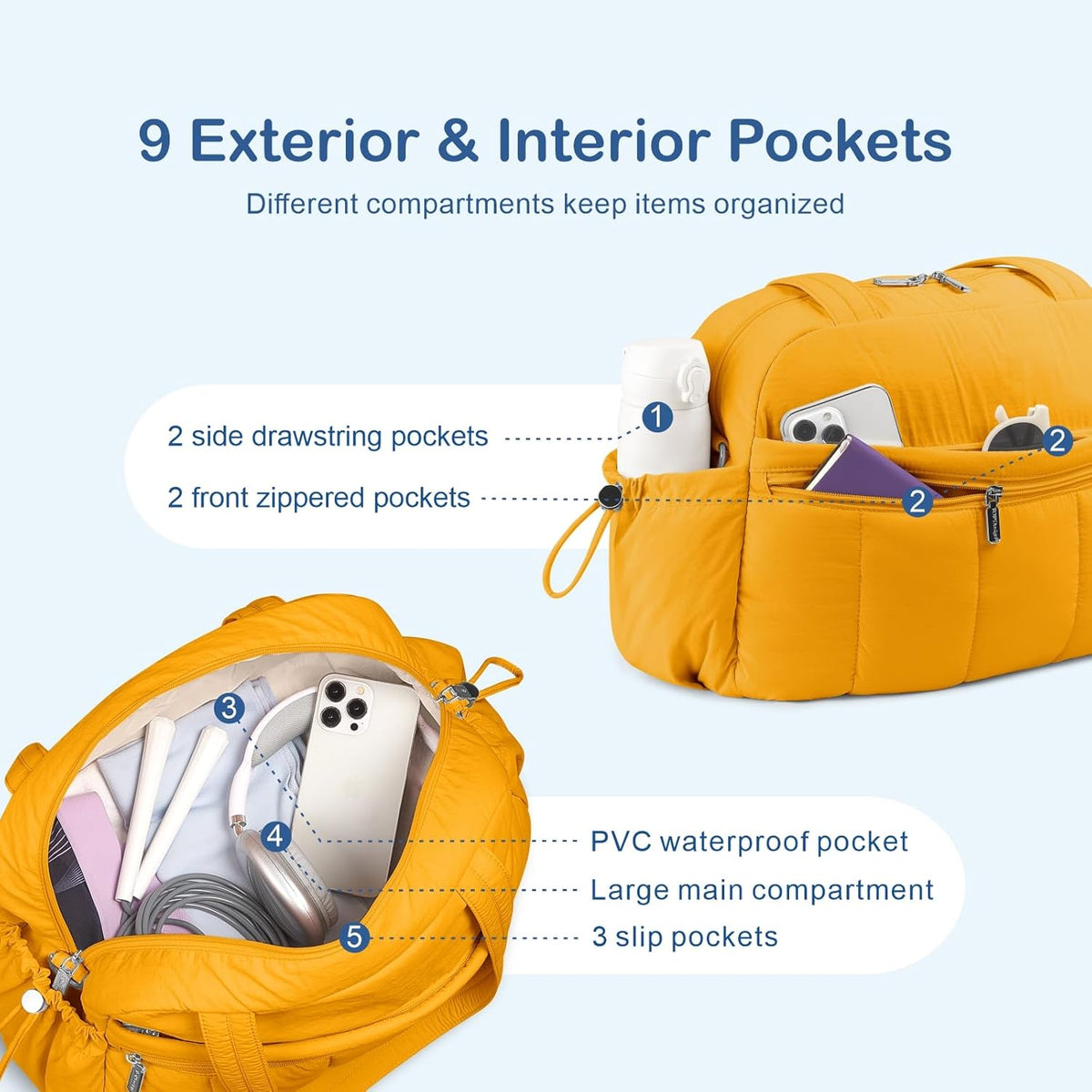 Travel Duffel Bag for Women, Puffer Gym Bag Sports Tote with Wet Pocket, Carry On Weekender with Luggage Sleeve (Navy Blue)