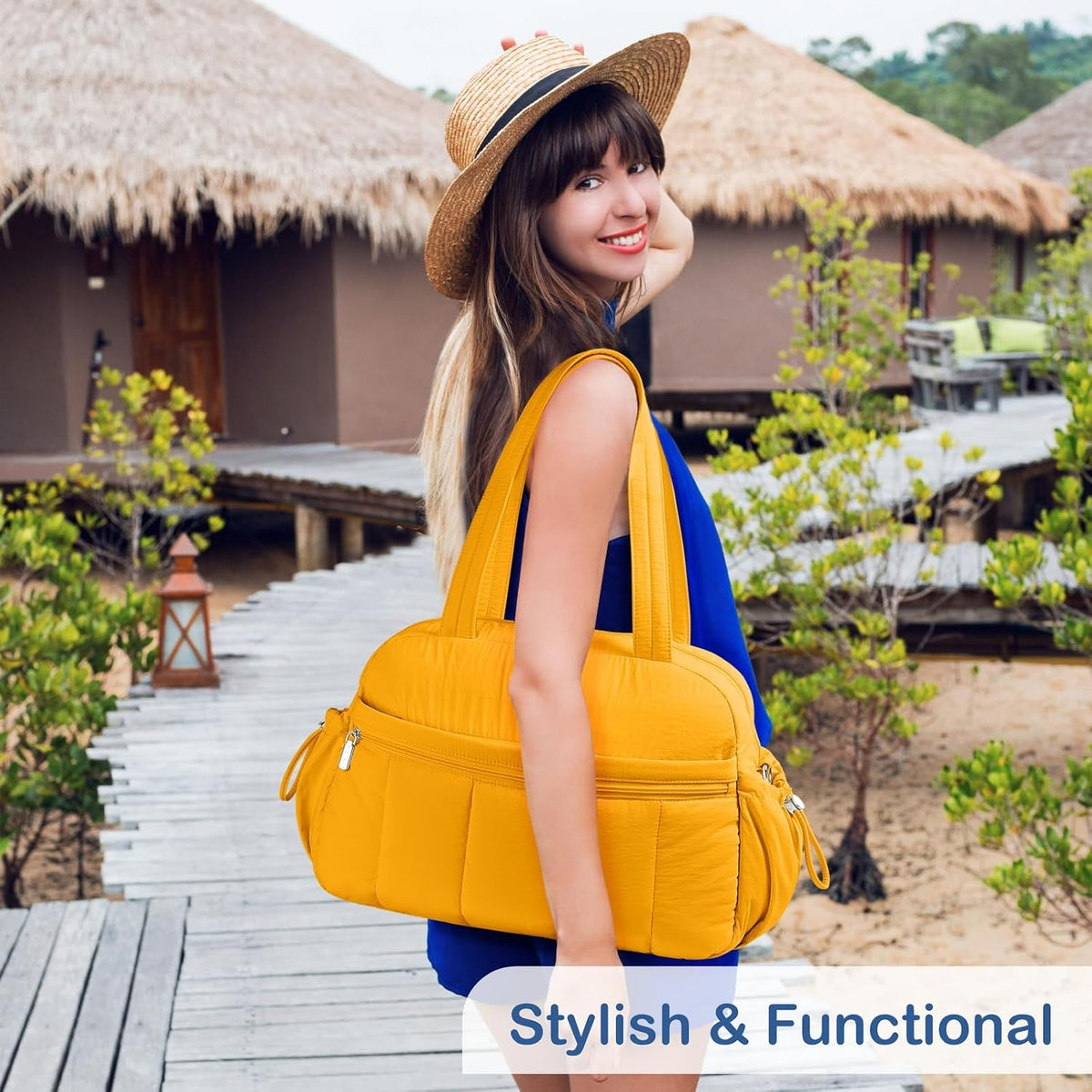 Travel Duffel Bag for Women, Puffer Gym Bag Sports Tote with Wet Pocket, Carry On Weekender with Luggage Sleeve (Navy Blue)