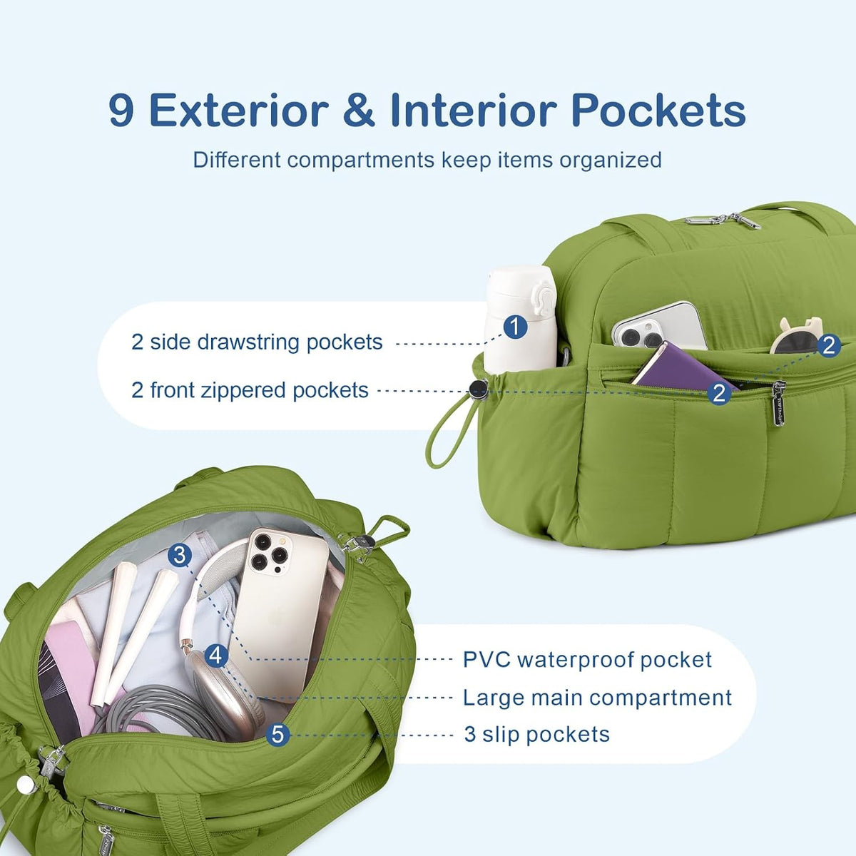 Travel Duffel Bag for Women, Puffer Gym Bag Sports Tote with Wet Pocket, Carry On Weekender with Luggage Sleeve (Navy Blue)