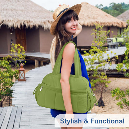 Travel Duffel Bag for Women, Puffer Gym Bag Sports Tote with Wet Pocket, Carry On Weekender with Luggage Sleeve (Navy Blue)