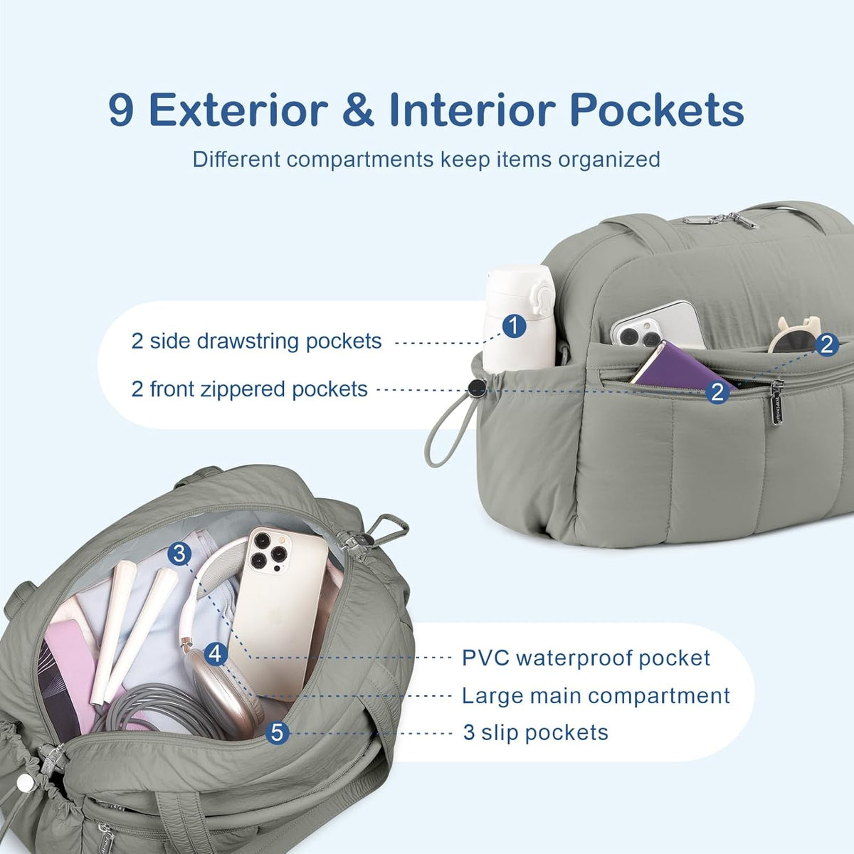Travel Duffel Bag for Women, Puffer Gym Bag Sports Tote with Wet Pocket, Carry On Weekender with Luggage Sleeve (Navy Blue)