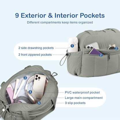 Travel Duffel Bag for Women, Puffer Gym Bag Sports Tote with Wet Pocket, Carry On Weekender with Luggage Sleeve (Navy Blue)