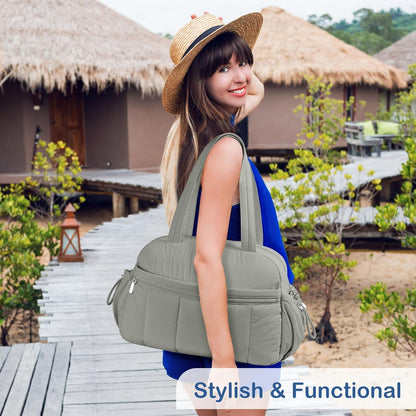 Travel Duffel Bag for Women, Puffer Gym Bag Sports Tote with Wet Pocket, Carry On Weekender with Luggage Sleeve (Navy Blue)