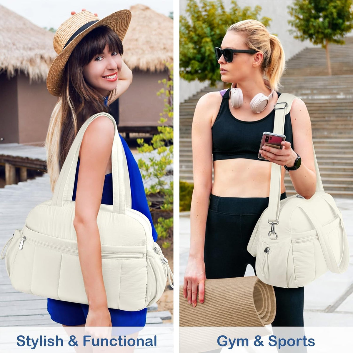 Travel Duffel Bag for Women, Puffer Gym Bag Sports Tote with Wet Pocket, Carry On Weekender with Luggage Sleeve (Navy Blue)