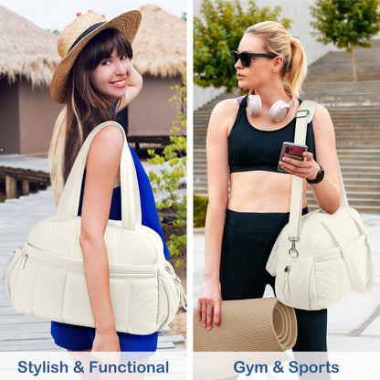 Travel Duffel Bag for Women, Puffer Gym Bag Sports Tote with Wet Pocket, Carry On Weekender with Luggage Sleeve (Navy Blue)