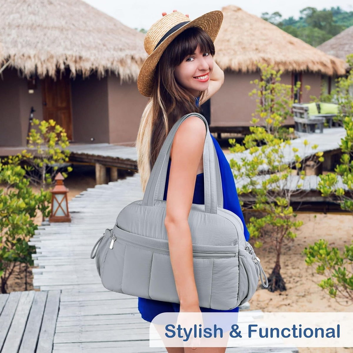 Travel Duffel Bag for Women, Puffer Gym Bag Sports Tote with Wet Pocket, Carry On Weekender with Luggage Sleeve (Navy Blue)