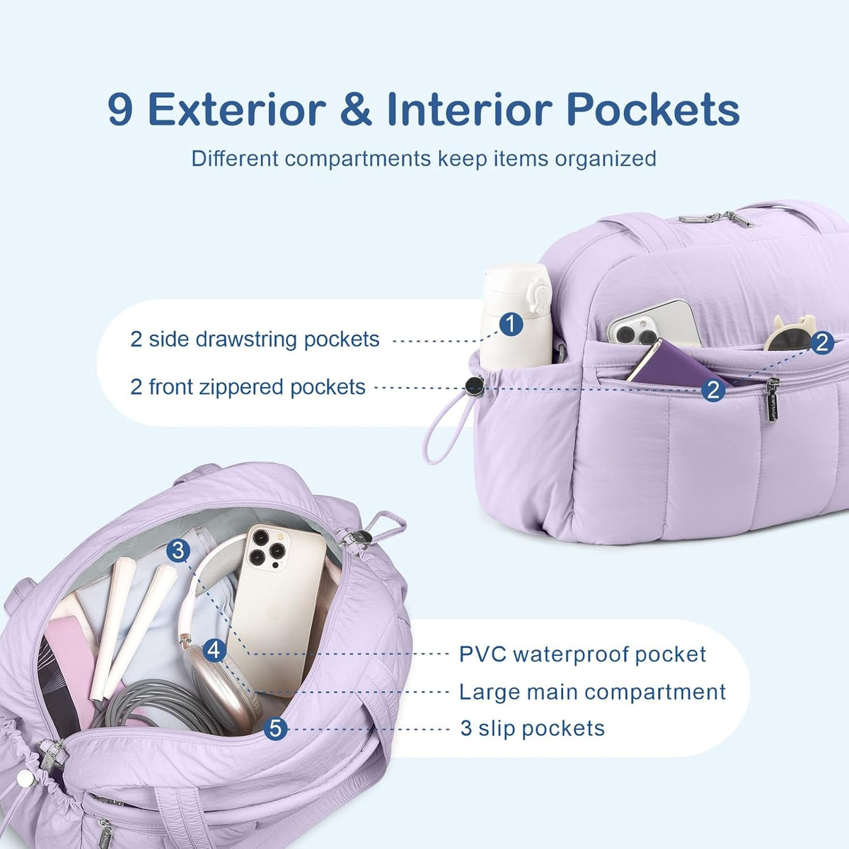 Travel Duffel Bag for Women, Puffer Gym Bag Sports Tote with Wet Pocket, Carry On Weekender with Luggage Sleeve (Navy Blue)
