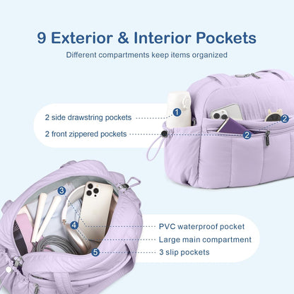 Travel Duffel Bag for Women, Puffer Gym Bag Sports Tote with Wet Pocket, Carry On Weekender with Luggage Sleeve (Navy Blue)