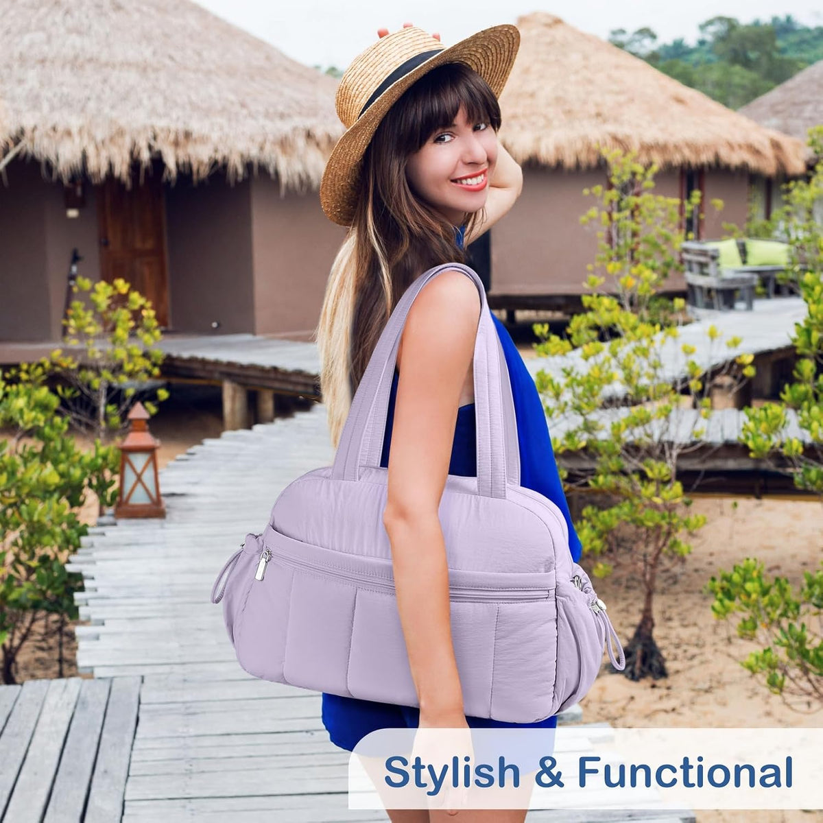 Travel Duffel Bag for Women, Puffer Gym Bag Sports Tote with Wet Pocket, Carry On Weekender with Luggage Sleeve (Navy Blue)