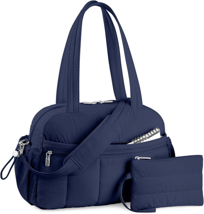 Travel Duffel Bag for Women, Puffer Gym Bag Sports Tote with Wet Pocket, Carry On Weekender with Luggage Sleeve (Navy Blue)