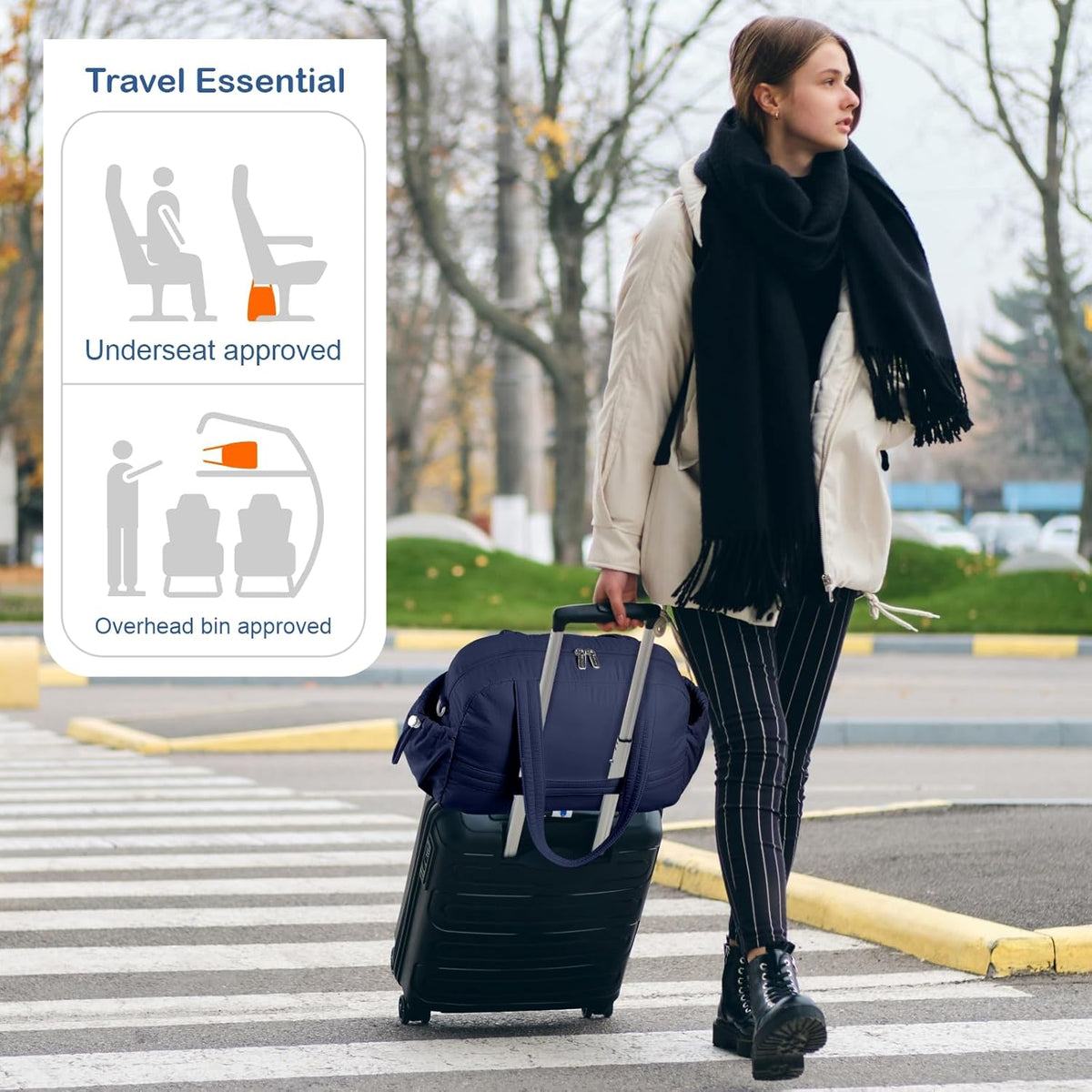 Travel Duffel Bag for Women, Puffer Gym Bag Sports Tote with Wet Pocket, Carry On Weekender with Luggage Sleeve (Navy Blue)