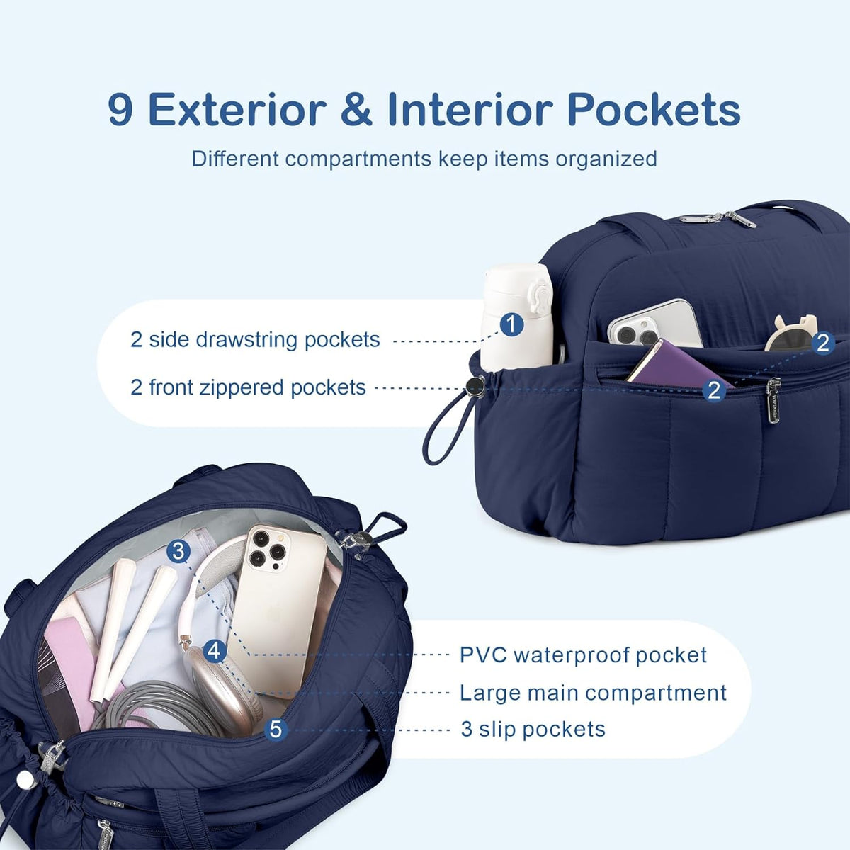 Travel Duffel Bag for Women, Puffer Gym Bag Sports Tote with Wet Pocket, Carry On Weekender with Luggage Sleeve (Navy Blue)