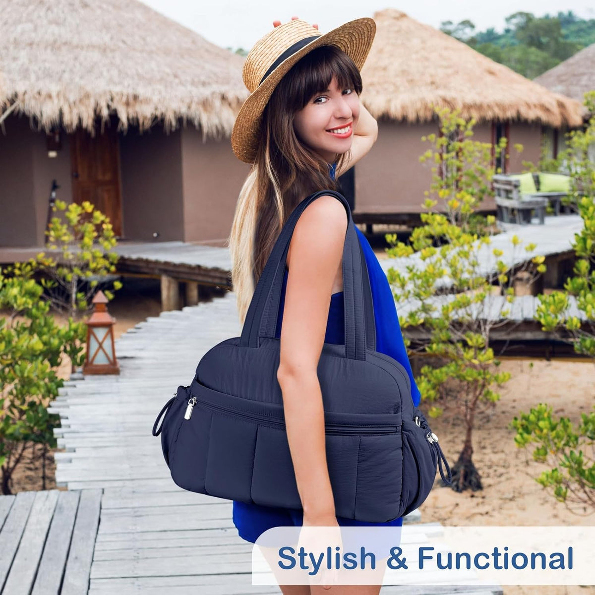 Travel Duffel Bag for Women, Puffer Gym Bag Sports Tote with Wet Pocket, Carry On Weekender with Luggage Sleeve (Navy Blue)