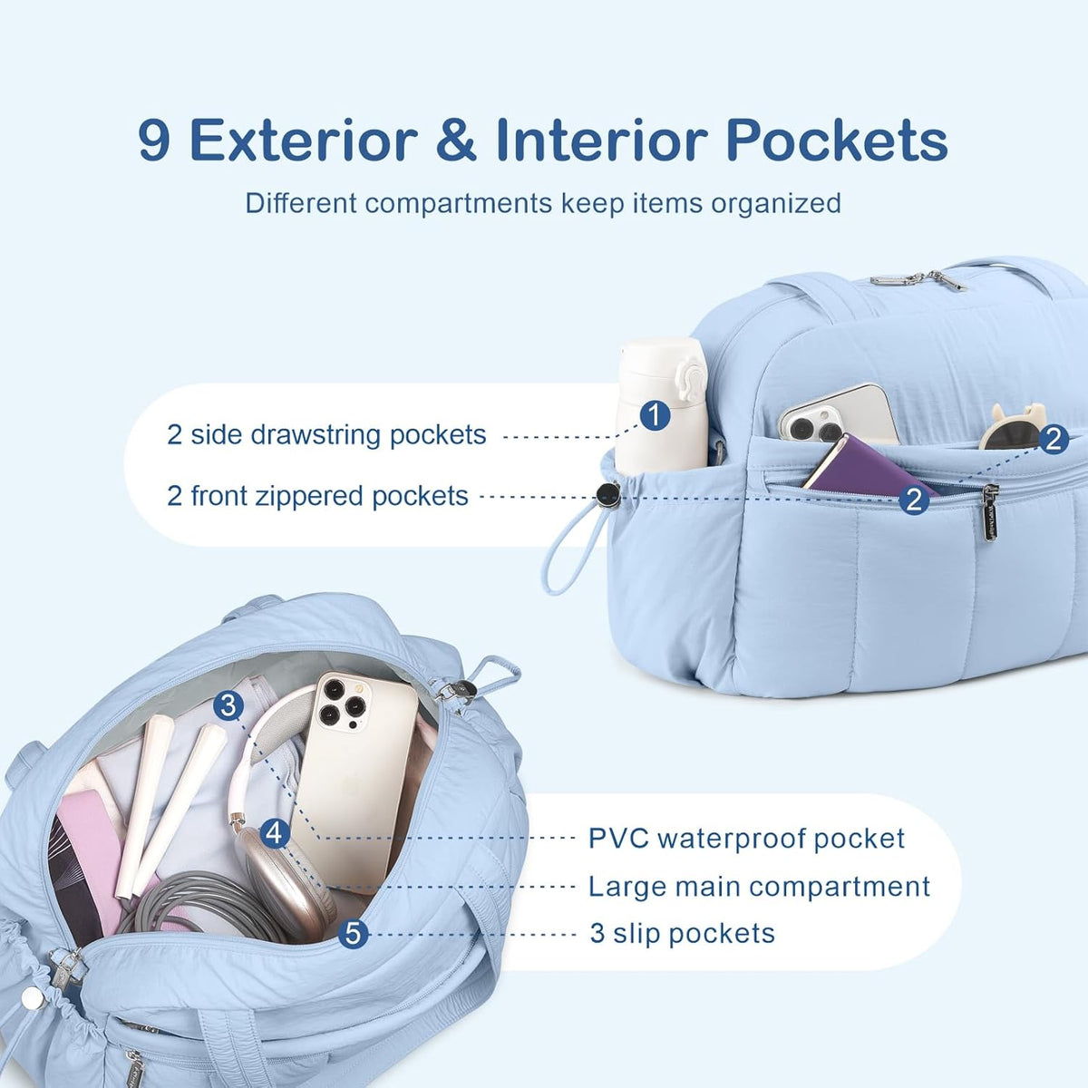 Travel Duffel Bag for Women, Puffer Gym Bag Sports Tote with Wet Pocket, Carry On Weekender with Luggage Sleeve (Navy Blue)