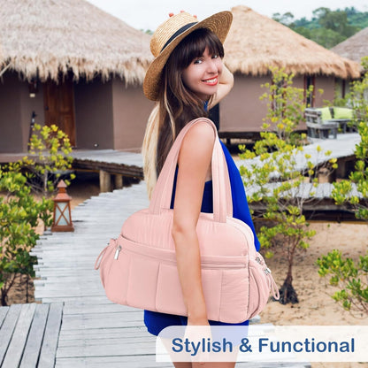 Travel Duffel Bag for Women, Puffer Gym Bag Sports Tote with Wet Pocket, Carry On Weekender with Luggage Sleeve (Navy Blue)