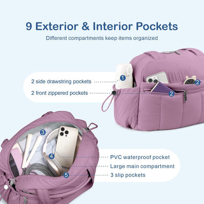 Travel Duffel Bag for Women, Puffer Gym Bag Sports Tote with Wet Pocket, Carry On Weekender with Luggage Sleeve (Navy Blue)