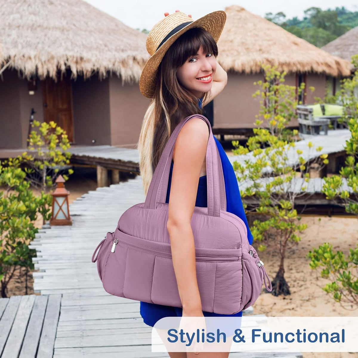 Travel Duffel Bag for Women, Puffer Gym Bag Sports Tote with Wet Pocket, Carry On Weekender with Luggage Sleeve (Navy Blue)