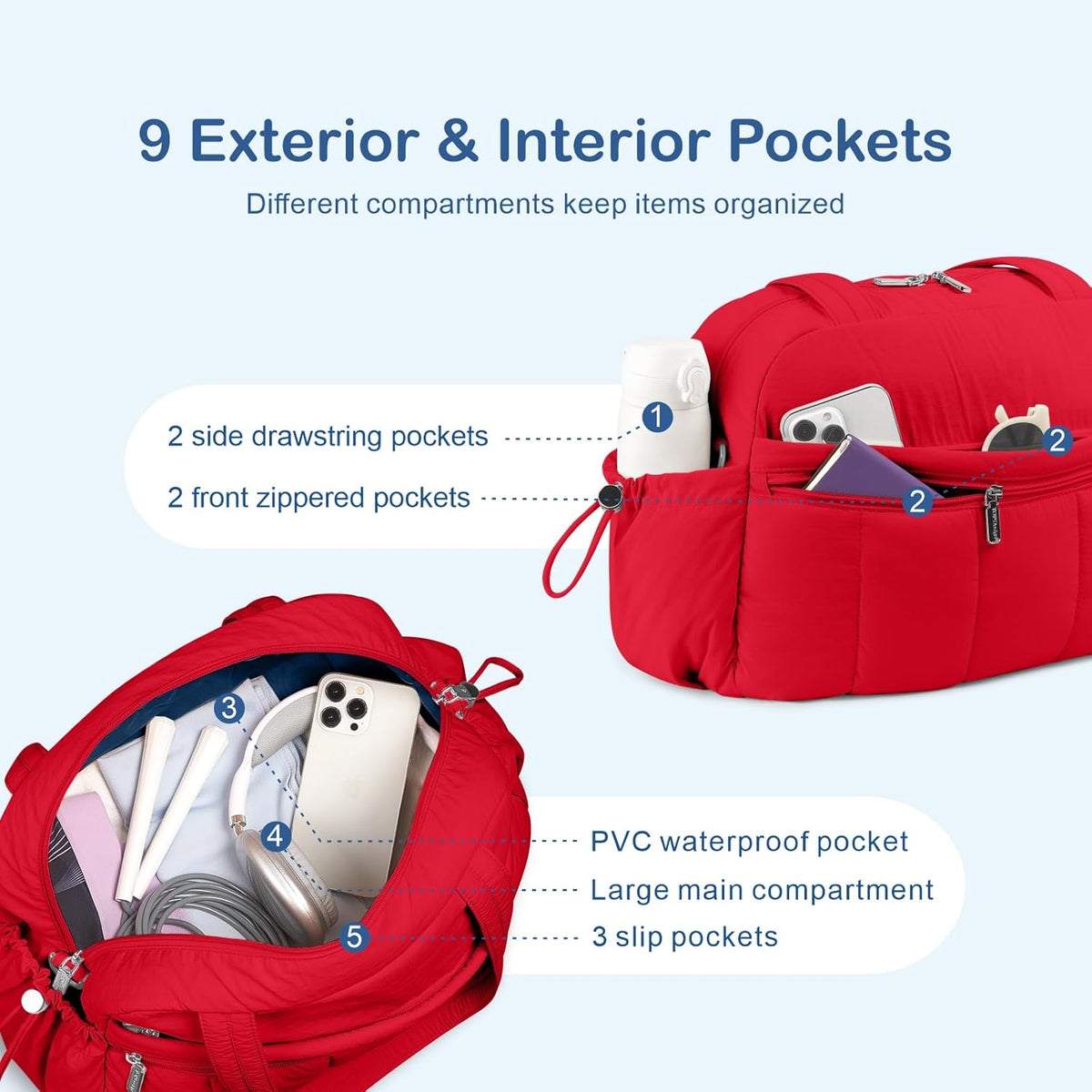 Travel Duffel Bag for Women, Puffer Gym Bag Sports Tote with Wet Pocket, Carry On Weekender with Luggage Sleeve (Navy Blue)