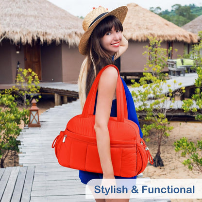 Travel Duffel Bag for Women, Puffer Gym Bag Sports Tote with Wet Pocket, Carry On Weekender with Luggage Sleeve (Navy Blue)