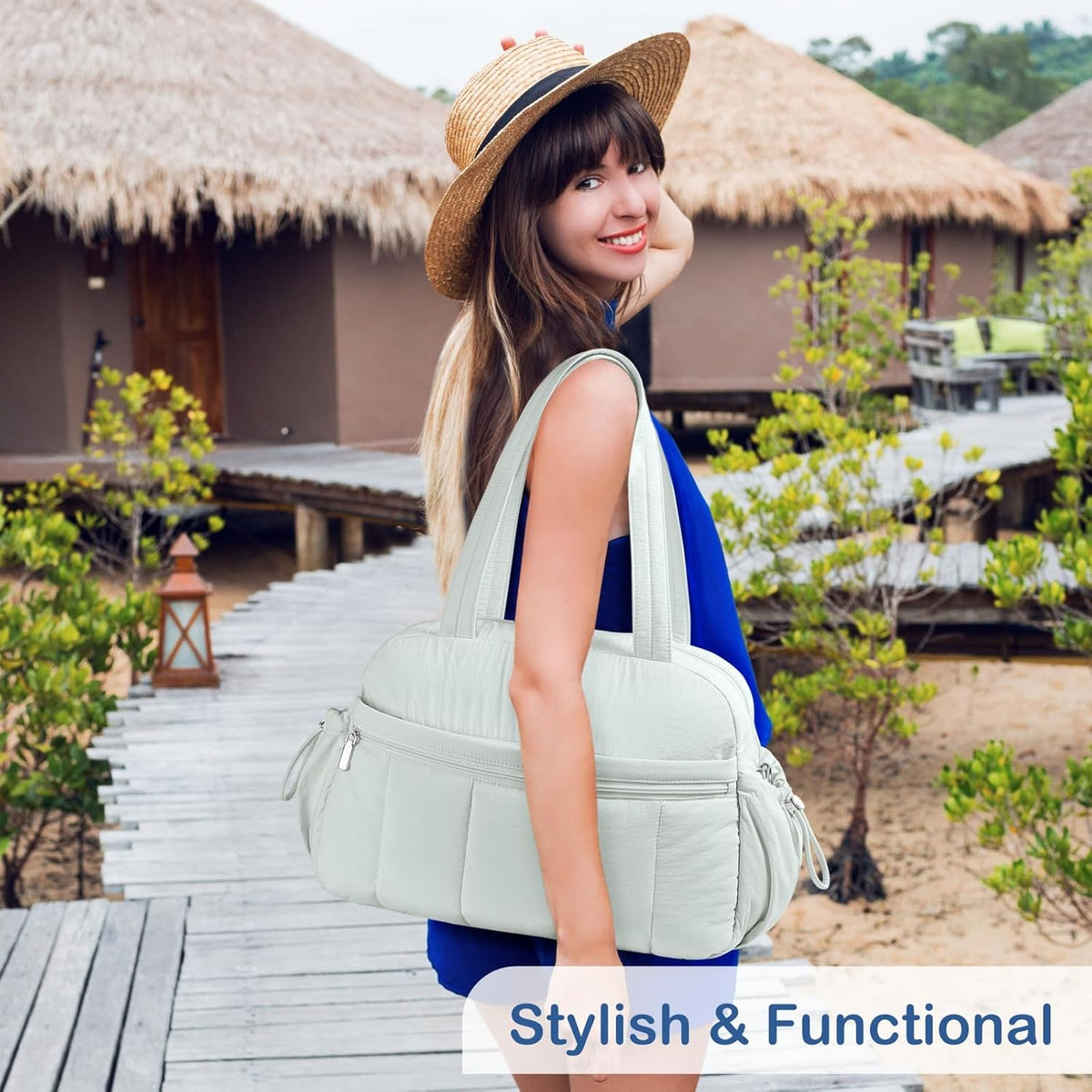 Travel Duffel Bag for Women, Puffer Gym Bag Sports Tote with Wet Pocket, Carry On Weekender with Luggage Sleeve (Navy Blue)