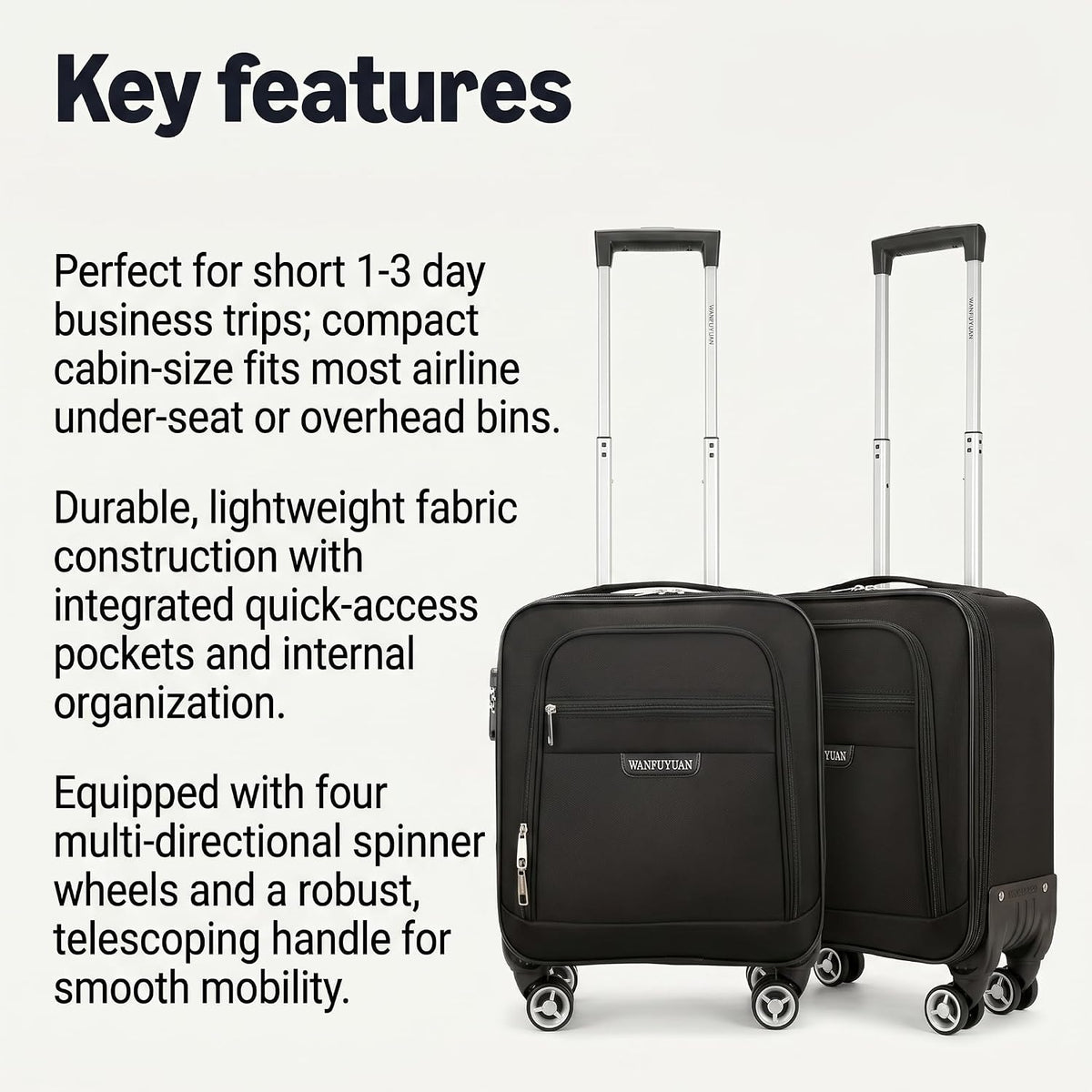 18 Inch Carry On Luggage, Rolling Laptop Briefcase Suitcase with 360° Spinner Wheels & Telescopic Handle, Ergonomic Business Travel Bag Overnight Case for Airplane Flight, Black