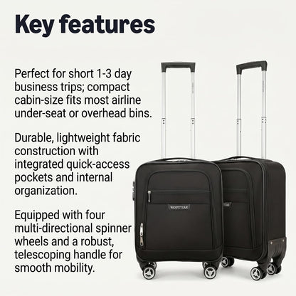18 Inch Carry On Luggage, Rolling Laptop Briefcase Suitcase with 360° Spinner Wheels & Telescopic Handle, Ergonomic Business Travel Bag Overnight Case for Airplane Flight, Black