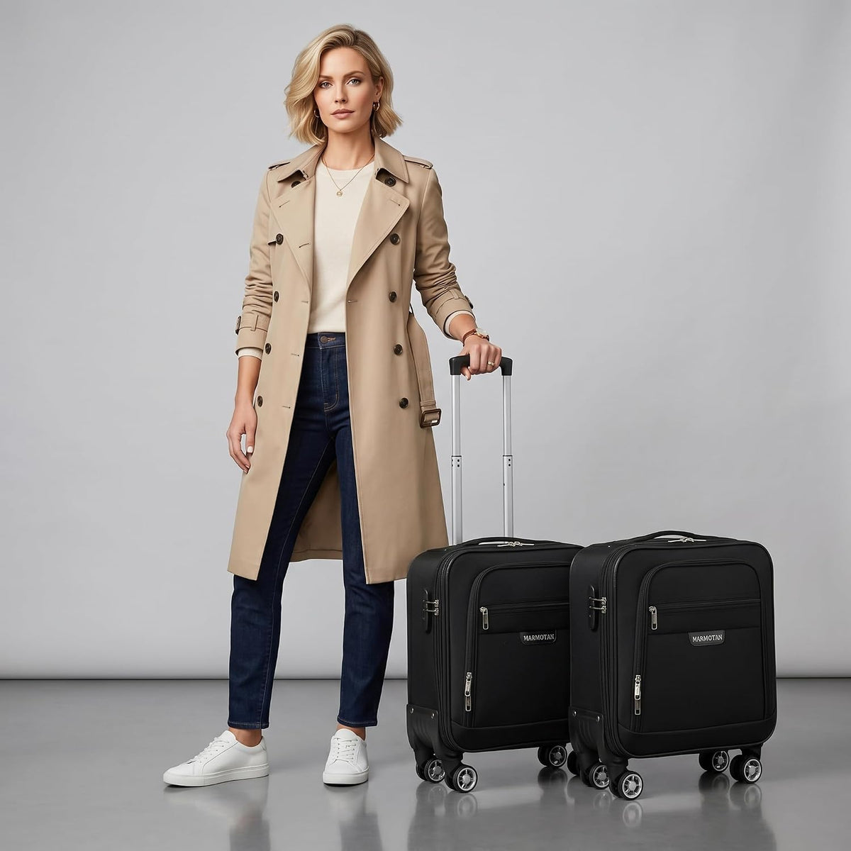 18 Inch Carry On Luggage, Rolling Laptop Briefcase Suitcase with 360° Spinner Wheels & Telescopic Handle, Ergonomic Business Travel Bag Overnight Case for Airplane Flight, Black