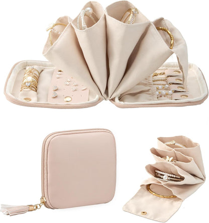 Travel Jewelry Case Organizer, Small Jewellery Pouch with Compartments for Storage, Soft Velvet Bag for Traveling Women, Packing for Necklaces, Earrings, Bracelets -Oatmeal