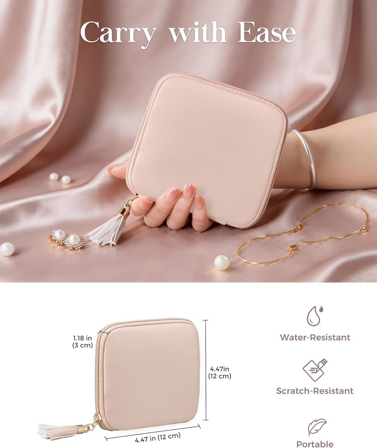 Travel Jewelry Case Organizer, Small Jewellery Pouch with Compartments for Storage, Soft Velvet Bag for Traveling Women, Packing for Necklaces, Earrings, Bracelets -Oatmeal