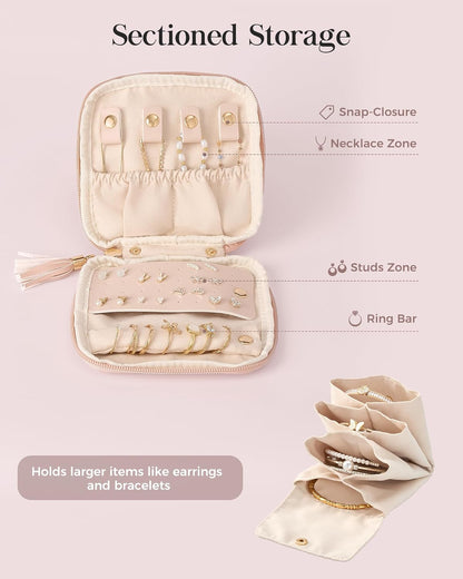 Travel Jewelry Case Organizer, Small Jewellery Pouch with Compartments for Storage, Soft Velvet Bag for Traveling Women, Packing for Necklaces, Earrings, Bracelets -Oatmeal