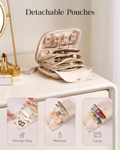 Travel Jewelry Case Organizer, Small Jewellery Pouch with Compartments for Storage, Soft Velvet Bag for Traveling Women, Packing for Necklaces, Earrings, Bracelets -Oatmeal