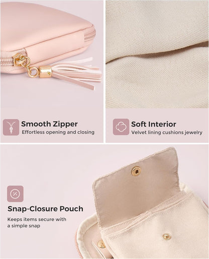 Travel Jewelry Case Organizer, Small Jewellery Pouch with Compartments for Storage, Soft Velvet Bag for Traveling Women, Packing for Necklaces, Earrings, Bracelets -Oatmeal