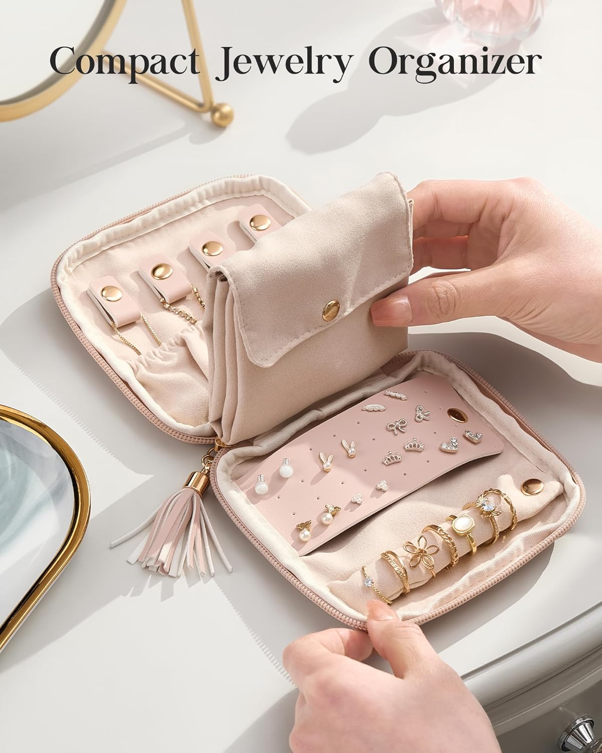 Travel Jewelry Case Organizer, Small Jewellery Pouch with Compartments for Storage, Soft Velvet Bag for Traveling Women, Packing for Necklaces, Earrings, Bracelets -Oatmeal