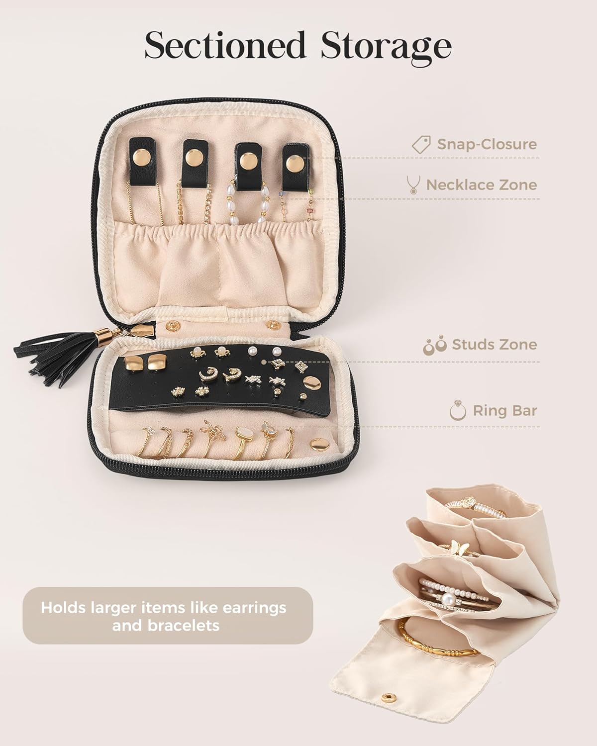 Travel Jewelry Case Organizer, Small Jewellery Pouch with Compartments for Storage, Soft Velvet Bag for Traveling Women, Packing for Necklaces, Earrings, Bracelets -Oatmeal