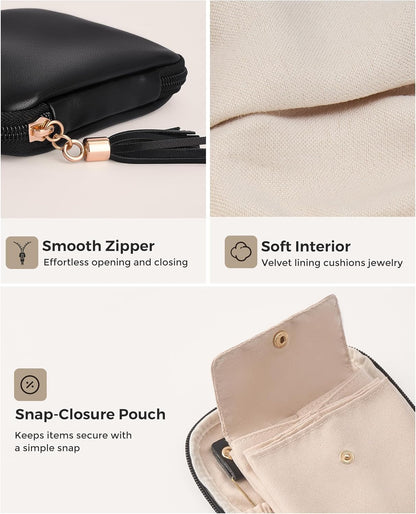 Travel Jewelry Case Organizer, Small Jewellery Pouch with Compartments for Storage, Soft Velvet Bag for Traveling Women, Packing for Necklaces, Earrings, Bracelets -Oatmeal