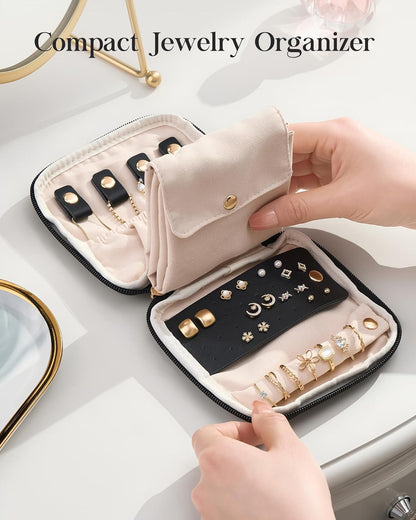 Travel Jewelry Case Organizer, Small Jewellery Pouch with Compartments for Storage, Soft Velvet Bag for Traveling Women, Packing for Necklaces, Earrings, Bracelets -Oatmeal