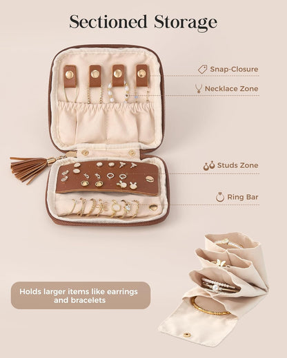 Travel Jewelry Case Organizer, Small Jewellery Pouch with Compartments for Storage, Soft Velvet Bag for Traveling Women, Packing for Necklaces, Earrings, Bracelets -Oatmeal