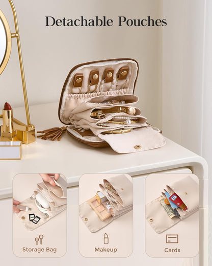 Travel Jewelry Case Organizer, Small Jewellery Pouch with Compartments for Storage, Soft Velvet Bag for Traveling Women, Packing for Necklaces, Earrings, Bracelets -Oatmeal