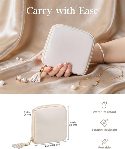 Travel Jewelry Case Organizer, Small Jewellery Pouch with Compartments for Storage, Soft Velvet Bag for Traveling Women, Packing for Necklaces, Earrings, Bracelets -Oatmeal