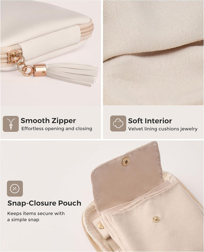 Travel Jewelry Case Organizer, Small Jewellery Pouch with Compartments for Storage, Soft Velvet Bag for Traveling Women, Packing for Necklaces, Earrings, Bracelets -Oatmeal