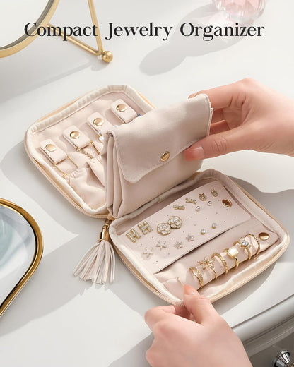 Travel Jewelry Case Organizer, Small Jewellery Pouch with Compartments for Storage, Soft Velvet Bag for Traveling Women, Packing for Necklaces, Earrings, Bracelets -Oatmeal