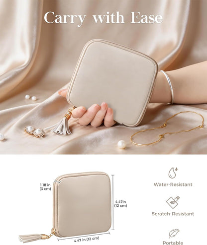 Travel Jewelry Case Organizer, Small Jewellery Pouch with Compartments for Storage, Soft Velvet Bag for Traveling Women, Packing for Necklaces, Earrings, Bracelets -Oatmeal