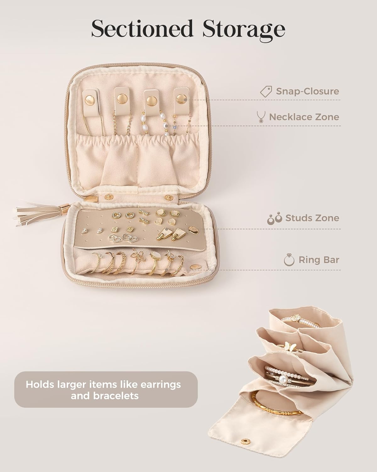 Travel Jewelry Case Organizer, Small Jewellery Pouch with Compartments for Storage, Soft Velvet Bag for Traveling Women, Packing for Necklaces, Earrings, Bracelets -Oatmeal