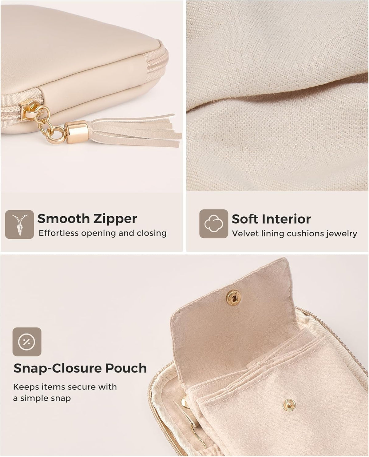Travel Jewelry Case Organizer, Small Jewellery Pouch with Compartments for Storage, Soft Velvet Bag for Traveling Women, Packing for Necklaces, Earrings, Bracelets -Oatmeal
