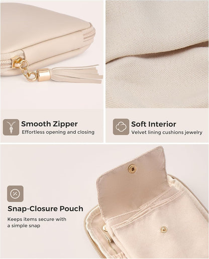 Travel Jewelry Case Organizer, Small Jewellery Pouch with Compartments for Storage, Soft Velvet Bag for Traveling Women, Packing for Necklaces, Earrings, Bracelets -Oatmeal