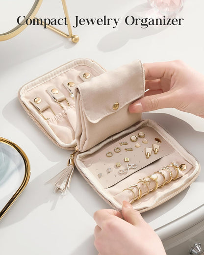 Travel Jewelry Case Organizer, Small Jewellery Pouch with Compartments for Storage, Soft Velvet Bag for Traveling Women, Packing for Necklaces, Earrings, Bracelets -Oatmeal