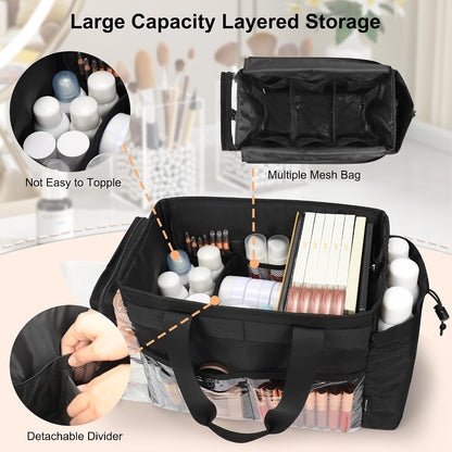 Extra Large Makeup Bag, Makeup Artist Kit Bag with Divider Professional Cosmetic Bag Organizer Hair Stylist Organizer Bag Mobile Pro Makeup Storage Case Duffle Tote Bag for Makeup Beauty Lover